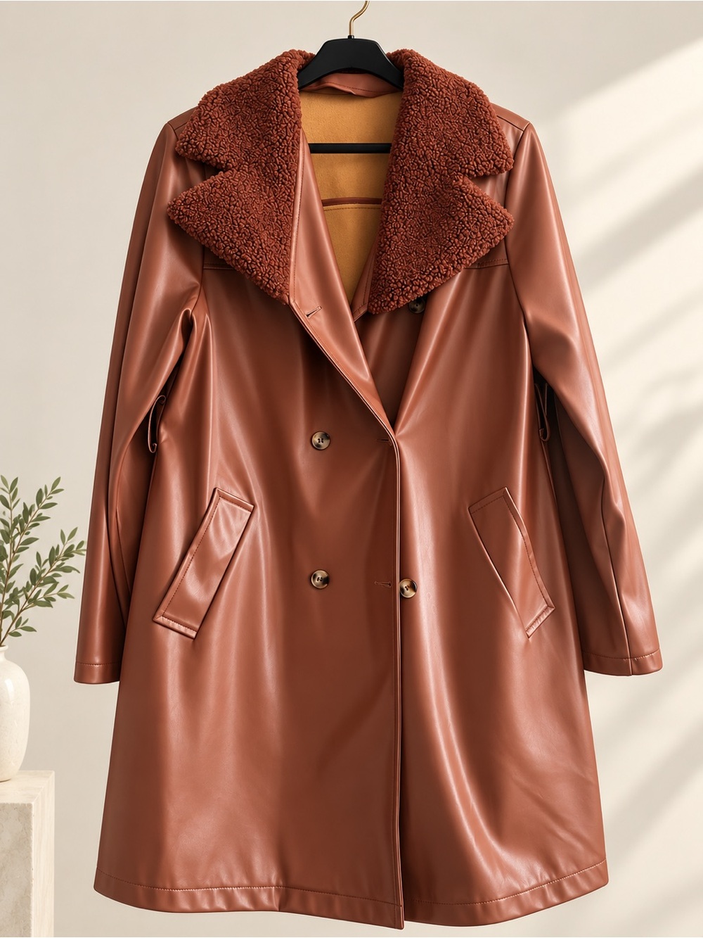 Women’s Faux Leather Long Coat with Shearling Collar - Copper Brown